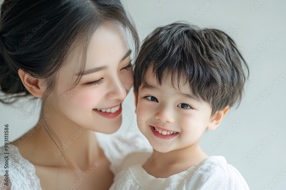 Young Chinese mother and cute son interacting and smiling in front of a plain background, dressed in simple clothes, during a family photo portrait shoot. Young Chinese mother and cute son interacting and smiling in front of a plain background, dressed in simple clothes, during a family photo portrait shoot.