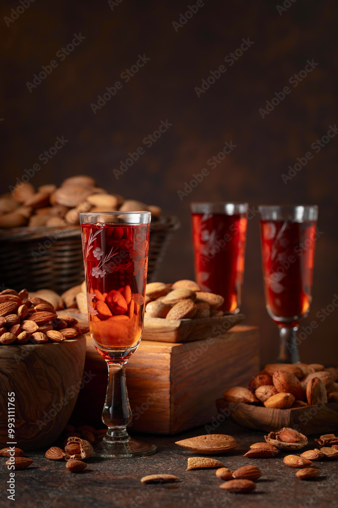 Italian liqueur Amaretto with almonds nuts. Italian liqueur Amaretto with almonds nuts.