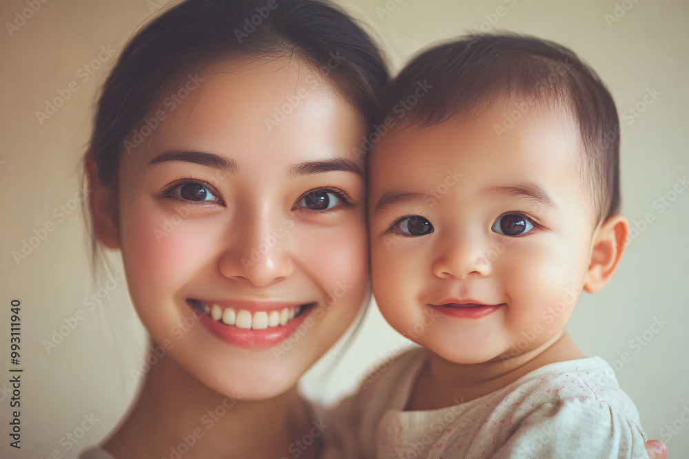 Young Chinese mother and cute son interacting and smiling in front of a plain background, dressed in simple clothes, during a family photo portrait shoot. Young Chinese mother and cute son interacting and smiling in front of a plain background, dressed in simple clothes, during a family photo portrait shoot.