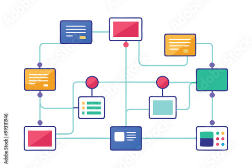 A colorful data flowchart displays various interconnected components and steps in a process, Data flowcharts, simple illustrations