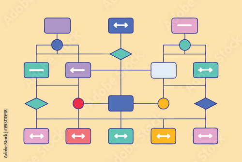 Flowcharts use colorful shapes and connections to clarify data processes and interactions, Data flowcharts, simple illustrations