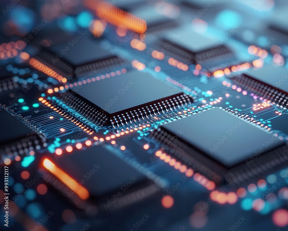 Microscopic view of transistors on silicon chip, high detail, semiconductor technology, microfabrication Microscopic view of transistors on silicon chip, high detail, semiconductor technology, microfabrication