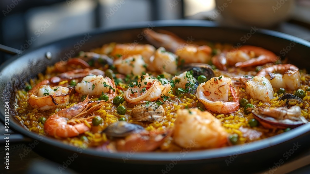 Authentic Spanish Paella Served on Outdoor Terrace with Fresh Seafood and Aromatic Saffron Rice in Traditional Pan Authentic Spanish Paella Served on Outdoor Terrace with Fresh Seafood and Aromatic Saffron Rice in Traditional Pan
