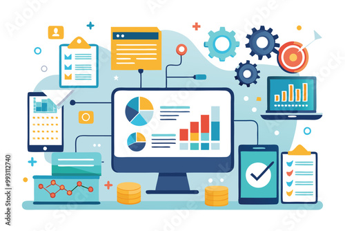 Analytics data input is visualized through various devices and charts showcasing current trends in digital analysis, Data input activities are currently trending and showing no significant change.