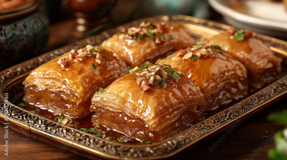 Delectable Turkish Baklava on Ornate Serving Tray with Flaky Layers and Honey Glaze, Sprinkled with Nuts Delectable Turkish Baklava on Ornate Serving Tray with Flaky Layers and Honey Glaze, Sprinkled with Nuts