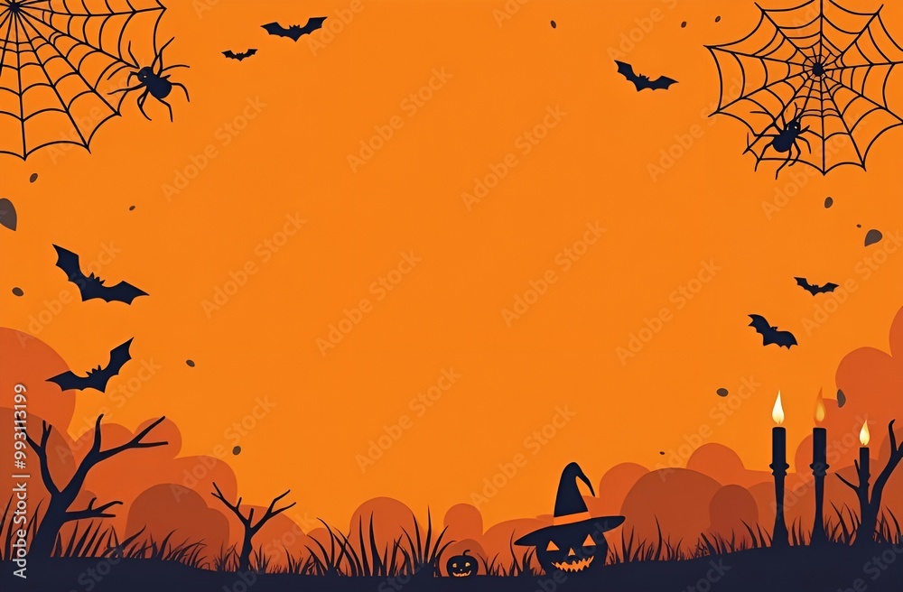 Halloween orange background, black spiders, web, bats, pumpkin witch hat candy candles