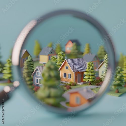 Detailed 3D model of tiny homes with selective focus through magnifying lens, isolated scene. photo