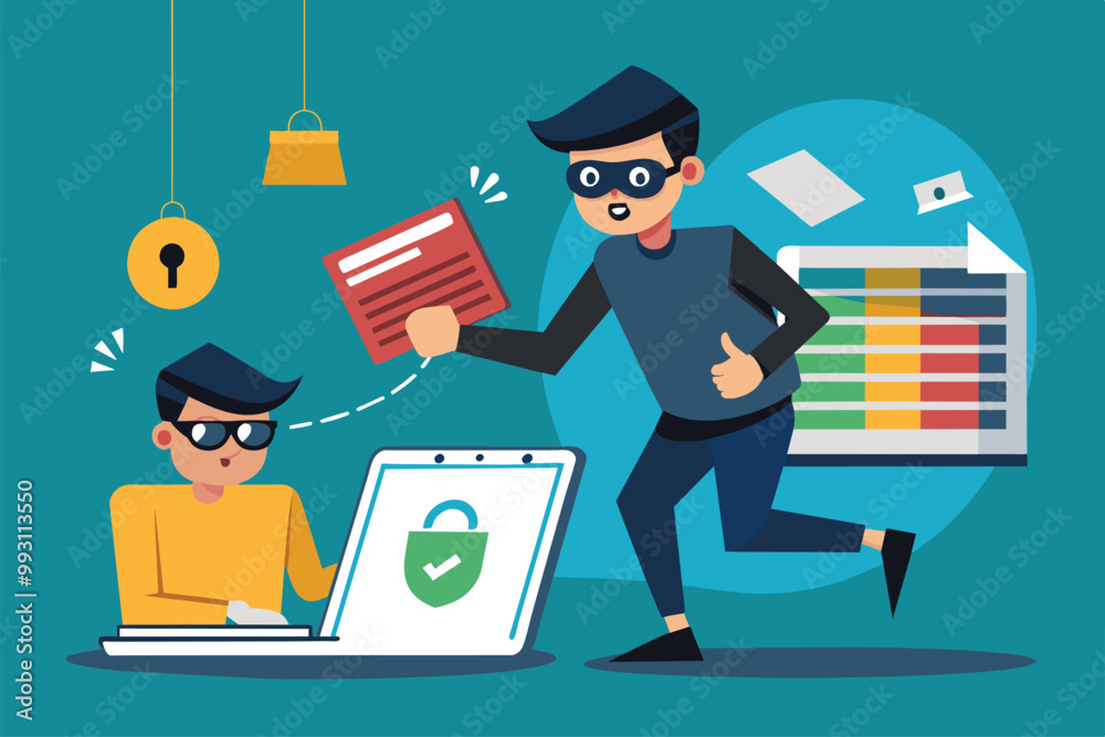 A hacker is stealing data from a computer while another person unknowingly works nearby, Data theft, simple illustration A hacker is stealing data from a computer while another person unknowingly works nearby, Data theft, simple illustration