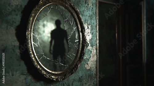   A man stands in front of a mirror in a room with peeling wall paint