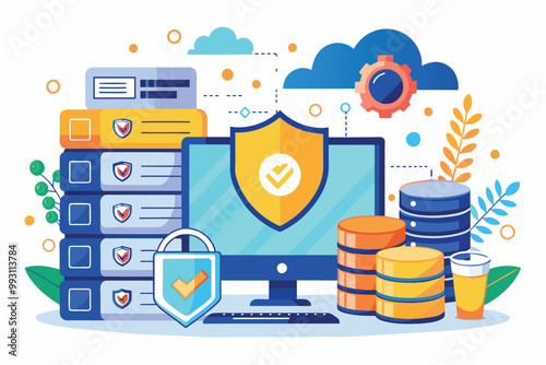 Overview of database security management and information protection, Database access, info security, and information protection are ensured through secure storage and flat illustration.