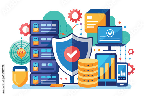 Illustration showcasing database access, security measures, and information, Database access, info security, and information protection are ensured through secure storage and flat illustration.