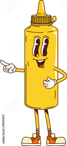 Cartoon groovy mustard sauce character with funny face, vector comic art. Groovy retro cartoon fast food sauce or mustard bottle with freaky happy smile for fastfood or hot dog menu