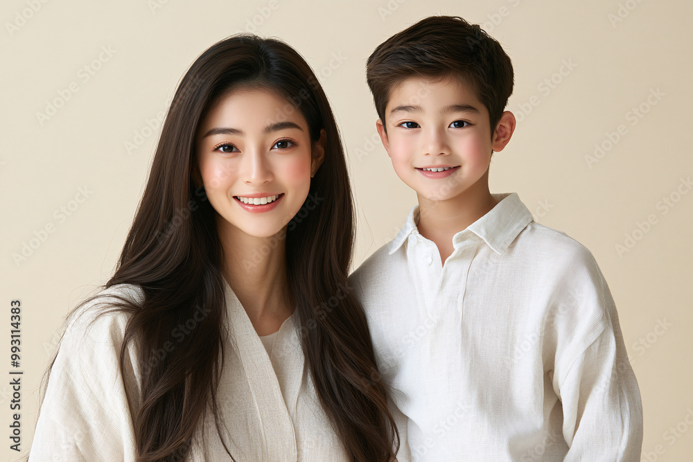Young Chinese mother and cute son interacting and smiling in front of a plain background, dressed in simple clothes, during a family photo portrait shoot. Young Chinese mother and cute son interacting and smiling in front of a plain background, dressed in simple clothes, during a family photo portrait shoot.