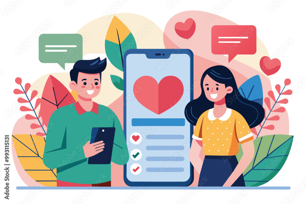 A man and woman engage with a dating app, smiling at a smartphone with a heart illustration while surrounded by foliage, Dating app with a simple illustration A man and woman engage with a dating app, smiling at a smartphone with a heart illustration while surrounded by foliage, Dating app with a simple illustration