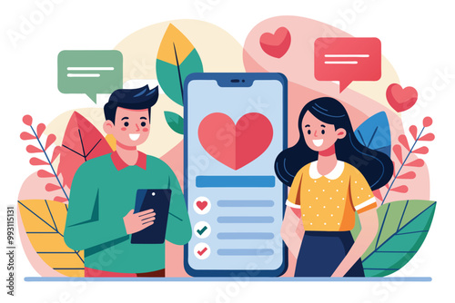 A man and woman engage with a dating app, smiling at a smartphone with a heart illustration while surrounded by foliage, Dating app with a simple illustration