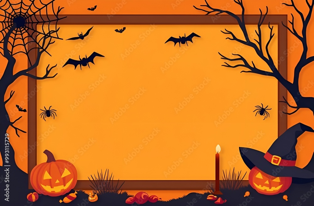 Frame with space for text in the middle for halloween, orange background, black spiders web bats hat candy candles, pumpkin witch