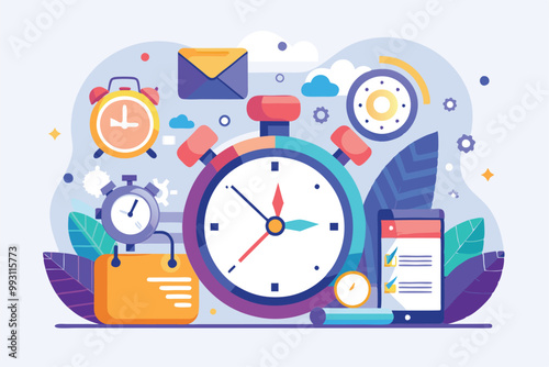 This graphic showcases various clocks and reminders symbolizing the importance of managing time effectively, Deadline for work, concept of managing time, flat illustration.