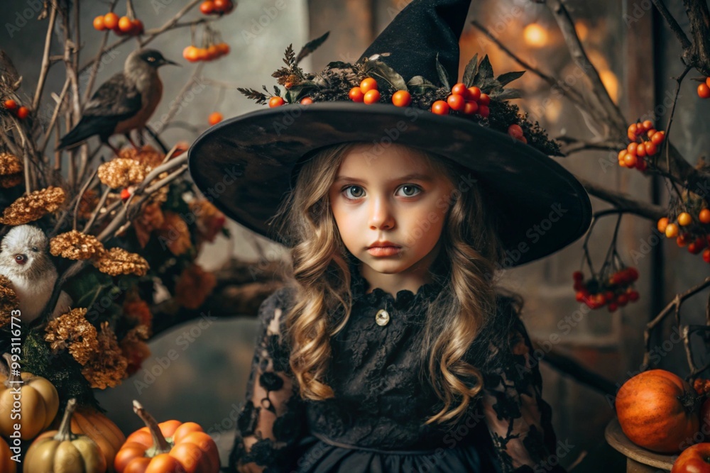 Autumn portrait of a beautiful girl in a witch costume with autumn berries, pumpkins and black birds. Banner, postcard. The concept of the Halloween holiday. Autumn portrait of a beautiful girl in a witch costume with autumn berries, pumpkins and black birds. Banner, postcard. The concept of the Halloween holiday.