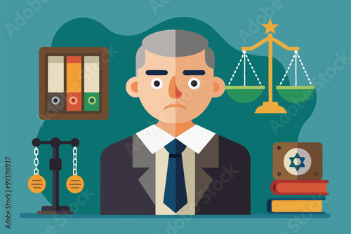 A solemn defendant stands in a legal setting with a backdrop of justice symbols and documents displayed, Defendant's unfair picture can be changed.