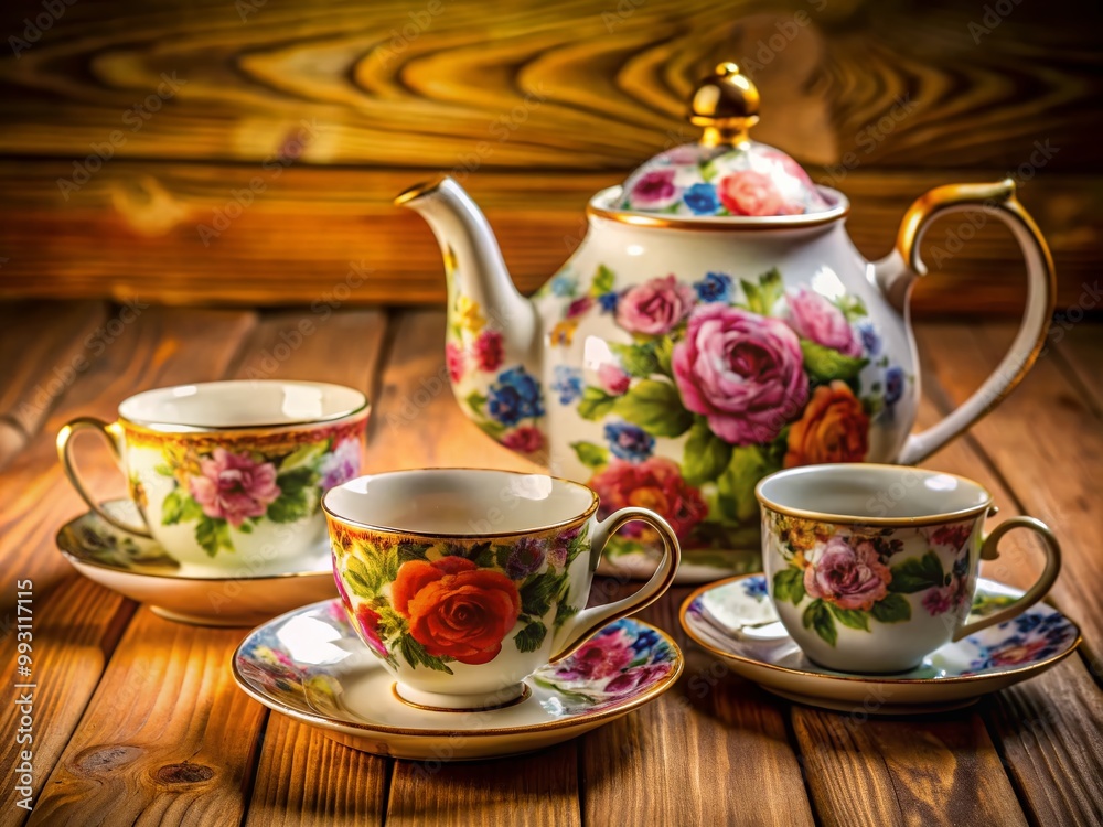 Fototapeta premium Elegant Vintage Teaset with Floral Design, Teapot, Cups, and Saucers on Wooden Table Background
