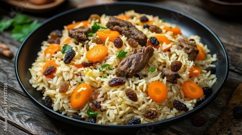 Exquisite Afghan Kabuli Pulao: Rustic Dining Experience with Rice, Raisins, Carrots, and Tender Lamb