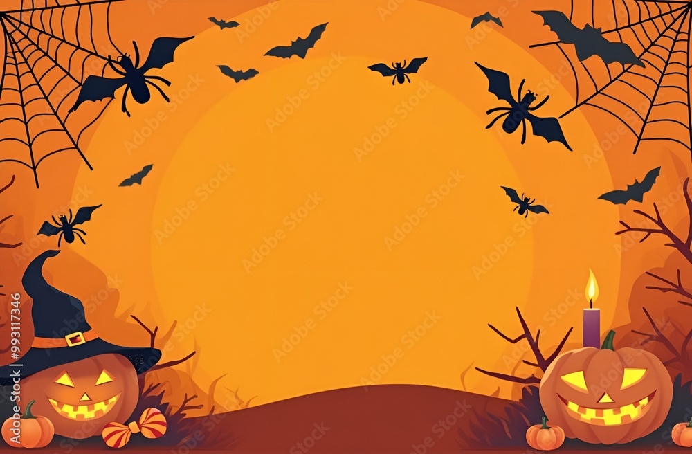 Frame with space for text in the middle for halloween, orange background, black spiders web bats hat candy candles, pumpkin witch Frame with space for text in the middle for halloween, orange background, black spiders web bats hat candy candles, pumpkin witch