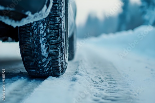 Photo leaving tread marks in winter conditions,close-up of car tires on snowy icy road