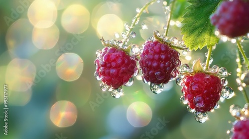 Dewy Raspberries in a Garden Setting