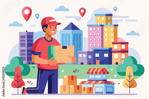 A delivery person is carrying packages to various buildings in a bustling city environment, Deliver packages to popular, level destination.