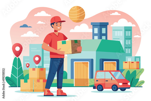 A delivery person carries packages to a bustling urban location filled with buildings and greenery, Deliver packages to popular, level destination.