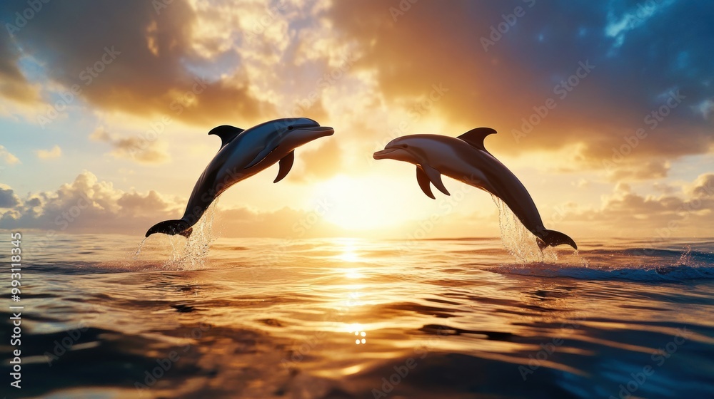 Dolphins Leaping at Sunset Over Ocean Waves Dolphins Leaping at Sunset Over Ocean Waves