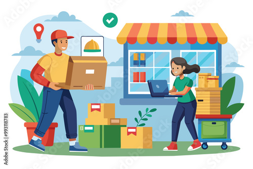 A delivery person picks up a parcel while a store employee attends to a laptop outside, Delivery person collects parcel from online store for customer.