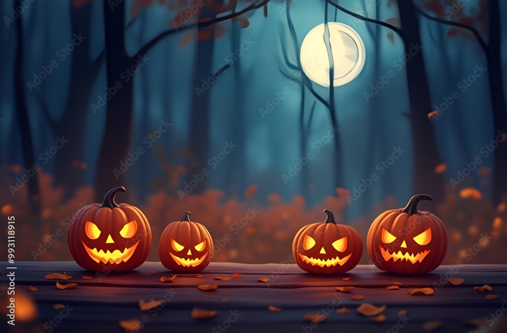 Fototapeta premium Halloween pumpkins on wood. Bokeh photo of halloween scary pumpkins. Halloween background at night forest with moon, autumn colors.