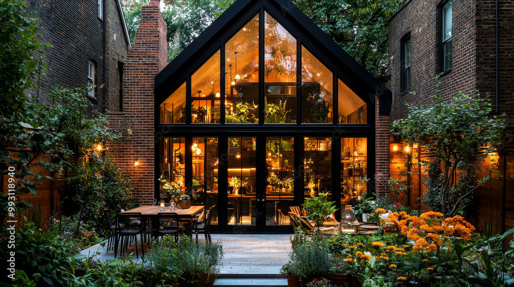 A stunning modern glass house surrounded by lush greenery and vibrant flowers, creating serene outdoor space perfect for relaxation and gatherings. warm glow from interior adds cozy ambiance A stunning modern glass house surrounded by lush greenery and vibrant flowers, creating serene outdoor space perfect for relaxation and gatherings. warm glow from interior adds cozy ambiance