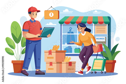 A delivery person collects a parcel from an online store while the customer waits nearby with shopping bags, Delivery person collects parcel from online store for customer.