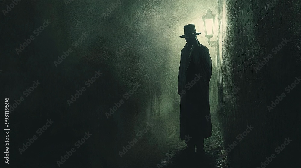 A man in a lengthy coat and top hat stands in a dim alley with a lit lantern on a misty evening A man in a lengthy coat and top hat stands in a dim alley with a lit lantern on a misty evening