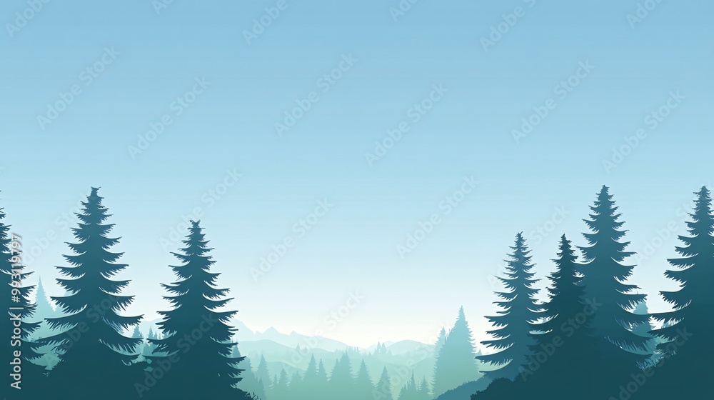 Silhouetted pine trees against a hazy, blue sky. Silhouetted pine trees against a hazy, blue sky.