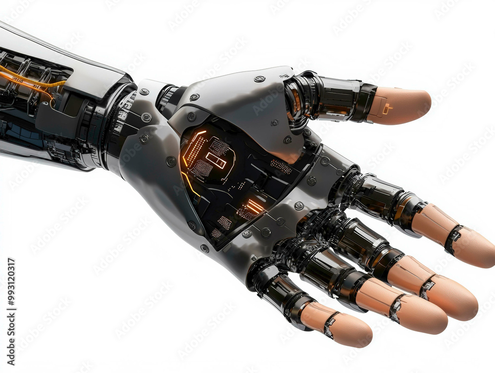A detailed cyborg hand with advanced robotic components, blending human-like design and futuristic technology. The exposed circuits and glowing lights add a sense of AI sophistication. A detailed cyborg hand with advanced robotic components, blending human-like design and futuristic technology. The exposed circuits and glowing lights add a sense of AI sophistication.
