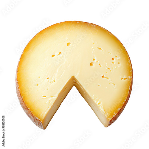 Whole round cheese wheel with a cut slice, isolated on transparent cutout background