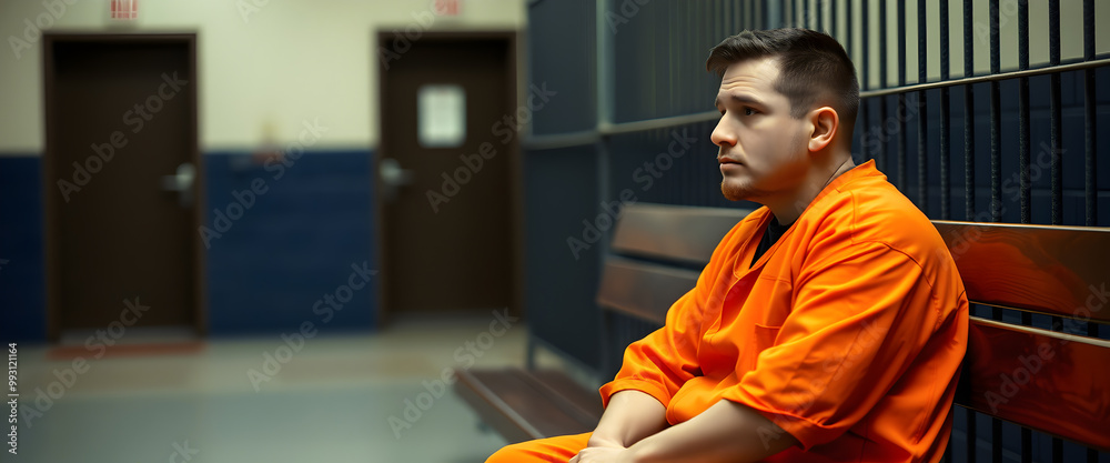 Naklejka premium Prisoner in an Orange Jumpsuit Sitting on a Bench.