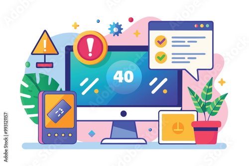 A colorful design showcasing a digital workspace dedicated to improving error page functionality, Design concept for fixing 404 error page with computer screen and error illustration.