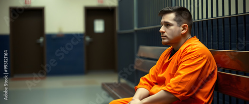 Prisoner in an Orange Jumpsuit Sitting on a Bench. photo