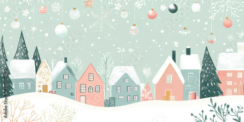 A charming winter scene featuring colorful houses adorned with snow, surrounded by evergreen trees and festive decorations. soft pastel colors create cozy, joyful atmosphere
