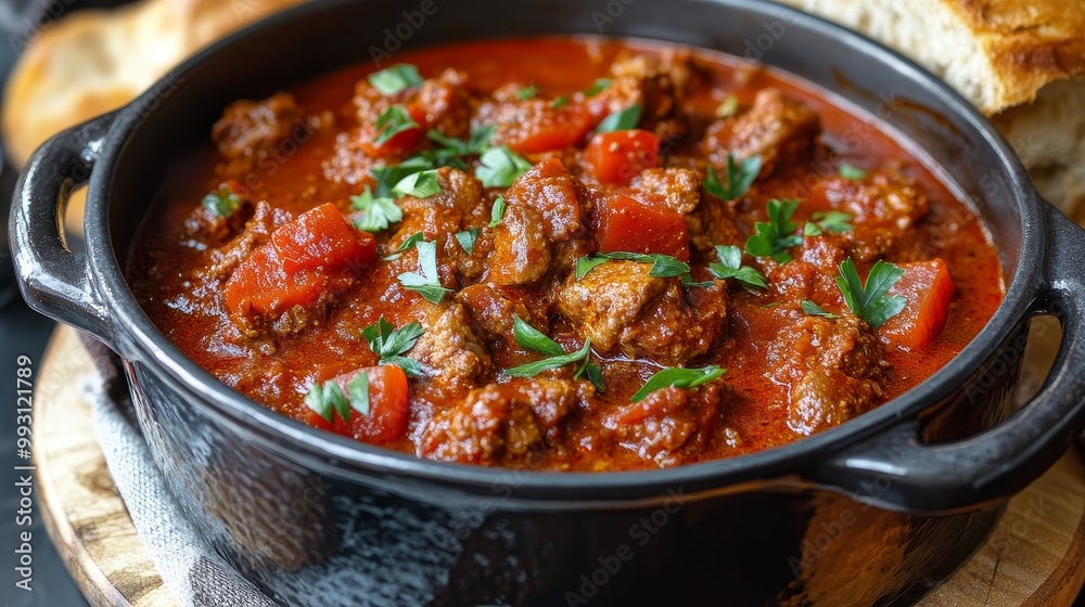 Homemade Hungarian Goulash in Rustic Pot: Slow-Cooked Stew with Paprika Served with Fresh Bread Homemade Hungarian Goulash in Rustic Pot: Slow-Cooked Stew with Paprika Served with Fresh Bread