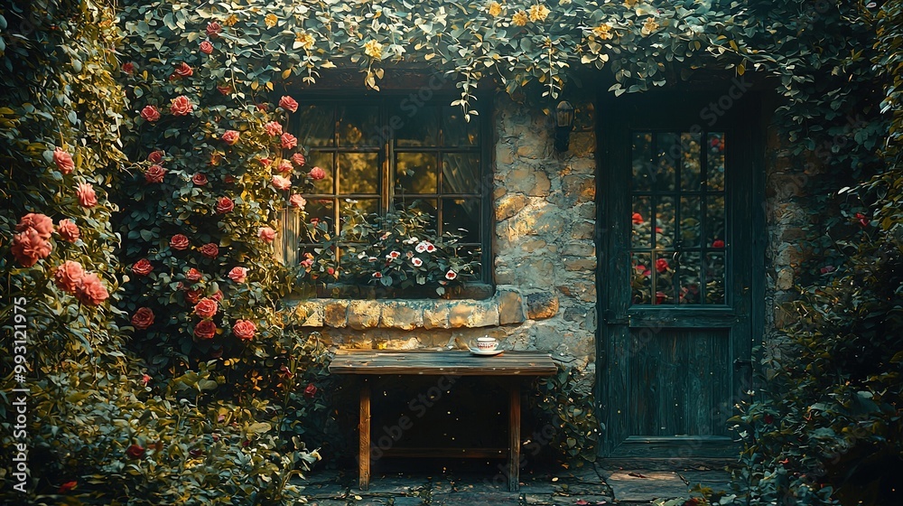 A bench in front of a stone building, adorned with flowers growing over its sides and featuring a window on one wall A bench in front of a stone building, adorned with flowers growing over its sides and featuring a window on one wall