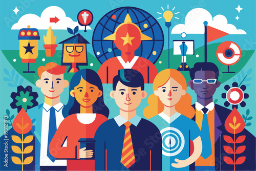 A group of individuals stands together, showcasing various ideologies amidst colorful symbolic elements, Different ideologies can be illustrated in a disproportionate and customizable way.