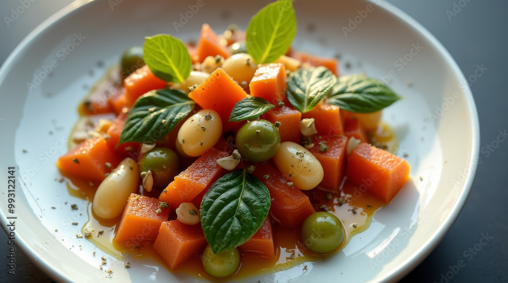 A colorful salad made with diced carrots, olives, and fresh basil leaves drizzled with olive oil, offering a nutritious and appetizing dish perfect for any meal A colorful salad made with diced carrots, olives, and fresh basil leaves drizzled with olive oil, offering a nutritious and appetizing dish perfect for any meal