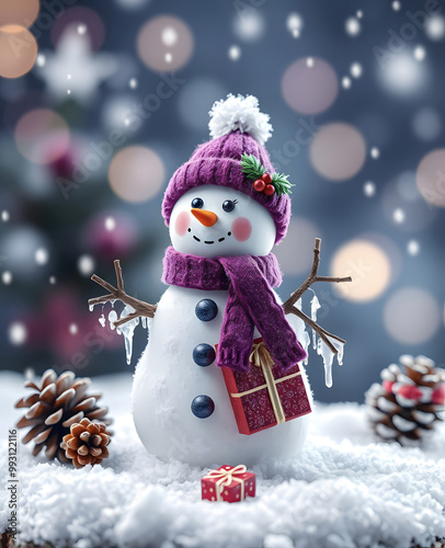 Microscopic image of a small purple snowman for Christmas with icicles, ribbons, cones and pine branches. A gift on a softly blurred background, elegant composition. Ultra-high resolution illustration