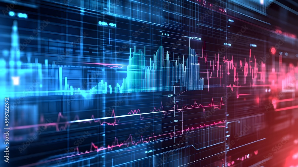 Abstract Digital Data Visualization with Blue and Red Lines and Charts on a Dark Background Abstract Digital Data Visualization with Blue and Red Lines and Charts on a Dark Background
