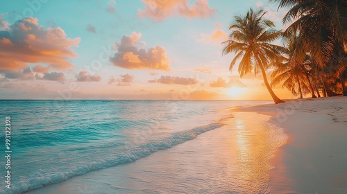   Sun setting over the ocean, palm trees on shore, beach on opposite side